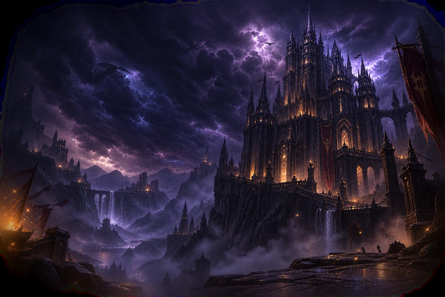 Dark castle of Aden under a stormy sky